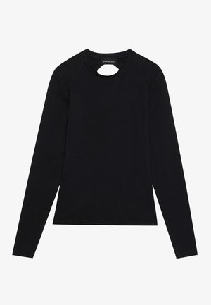 Camisa de manga larga negra hecha de una tela suave, con un escote redondo que presenta un pequeño corte en la parte frontal.