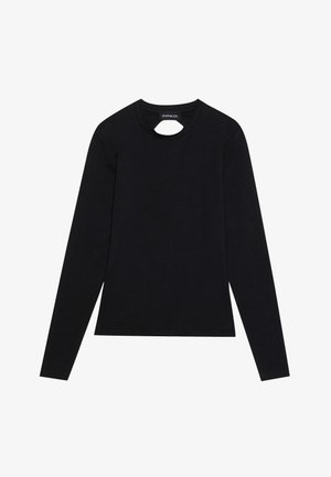 Black long-sleeve shirt made from a soft fabric, featuring a round neckline with a small cutout detail at the front.