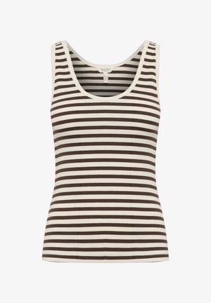 Top s naramenicama i okruglim izrezom, sa naizmjeničnim smešnim i bijelim horizontalnim prugama, napravljen od rebrastog materijala radi teksture.