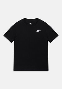 Camiseta de algodón negra con mangas cortas. Presenta un logotipo blanco de Nike en la zona izquierda del pecho. Diseño de cuello redondo, ajuste clásico.
