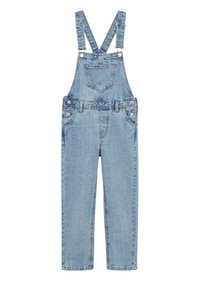 Blå denimoverall med justerbara axelremmar, ficka på bröstet, sidoknappar och långa raka ben.