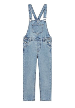 Blaue Denim-Overalls mit verstellbaren Schulterträgern, einer Vorderbrusttasche, seitlichen Knöpfen und geraden Beinen in voller Länge.