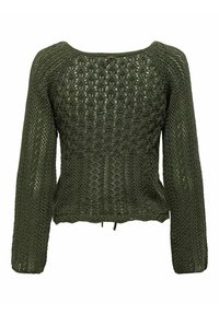 Olivgrön, öppen stickad tröja med långa ärmar, rundad halsringning, texturerade mönster och en åtsittande, något kortare fåll.