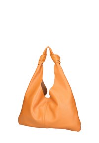 Borsa hobo in pelle di un arancione vivace, con manico annodato e forma morbida e rilassata, dotata di un unico apertura superiore, che mostra una superficie testurizzata.