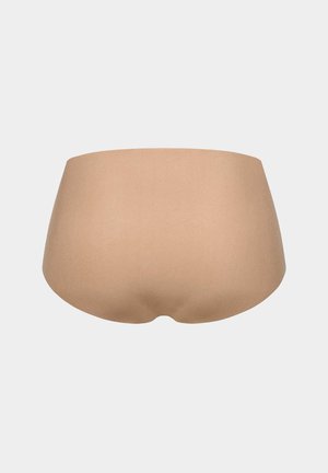 Nahtlose beigen Damen-Bikini-Unterwäsche flach auf einem neutralen grauen Hintergrund präsentiert.