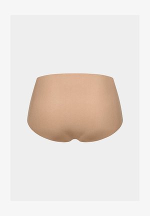 Nahtlose beigen Damen-Bikini-Unterwäsche flach auf einem neutralen grauen Hintergrund präsentiert.