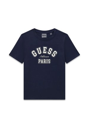 Granatowy bawełniany T-shirt z krótkimi rękawami. Na przodzie białe napisy "GUESS" i "Paris" z kropkowanymi akcentami. Okrągły dekolt.