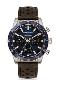 Montre chronographe avec un cadran bleu, des accents en argent et or rose, des sous-c cadrans noirs, et un bracelet en cuir perforé marron. Résistante à l'eau jusqu'à 100 m.