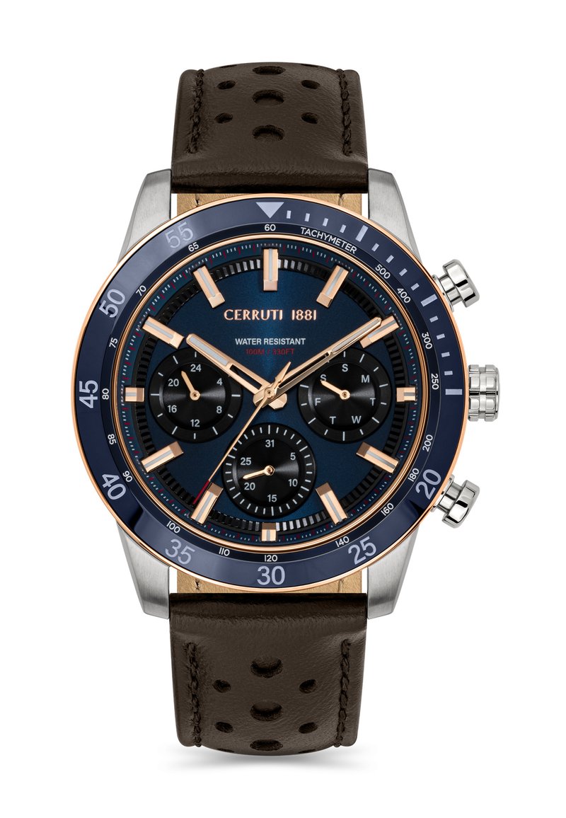 Montre chronographe avec un cadran bleu, des accents en argent et or rose, des sous-c cadrans noirs, et un bracelet en cuir perforé marron. Résistante à l'eau jusqu'à 100 m.