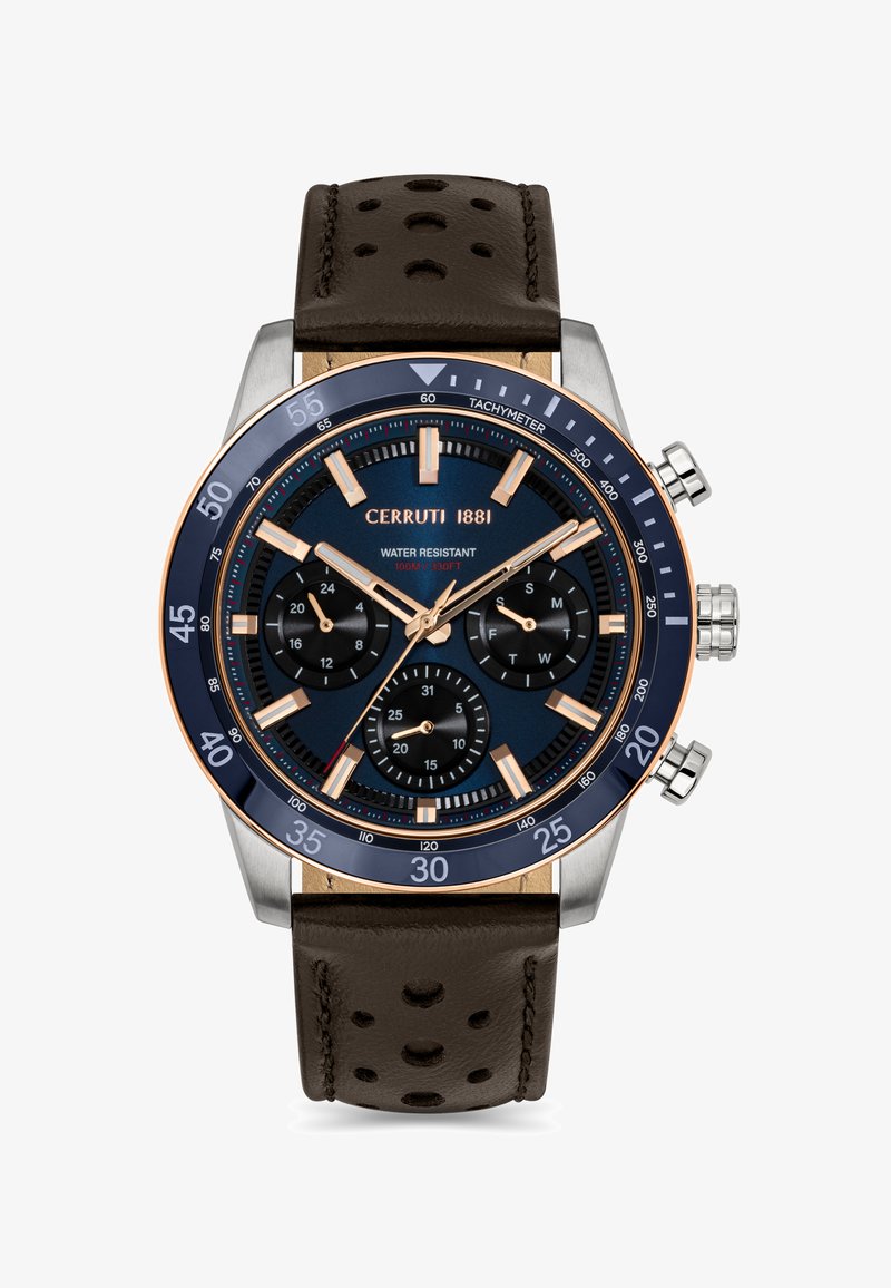 Reloj cronógrafo con esfera azul, acentos en plata y oro rosa, subesferas negras y una correa de cuero perforado marrón. Resistente al agua hasta 100 m.