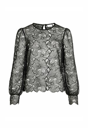 Blouse noire en dentelle à manches longues avec motif floral, col rond, manches bouffantes et poignets et bas festonnés.