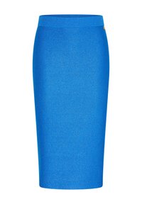 Blue knit pencil skirt with a fitted silhouette, stretchy waistband, and subtle shimmer texture. No visible patterns or hardware.