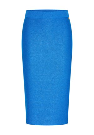 Blue knit pencil skirt with a fitted silhouette, stretchy waistband, and subtle shimmer texture. No visible patterns or hardware.