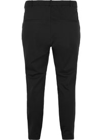 Pantalon noir ajusté avec une ceinture élastique et deux poches passepoilées horizontales à l'arrière, présenté de dos sur fond blanc.