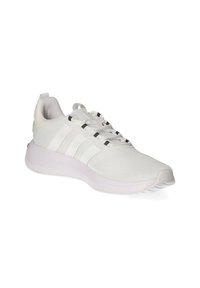 White athletic shoe with a mesh upper, three stripe design, black accents, and a cushioned cloudfoam sole for comfort.