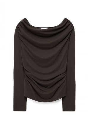 Long-sleeve dark brown top with draped cowl neckline and ruched fabric detailing on the front and sides.