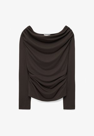 Long-sleeve dark brown top with draped cowl neckline and ruched fabric detailing on the front and sides.