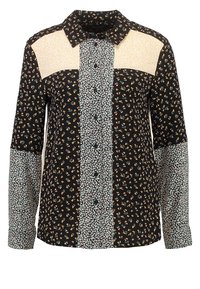 Långärmad skjorta med en svart bakgrund och blandade blommönster, beige detaljer och knäppning fram. Strukturerad tyg med krage.