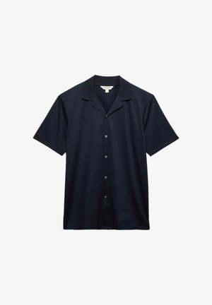 Marineblå kortærmet skjorte med knapper foran og ribbet krave samt manchetter, vist på hvid baggrund.