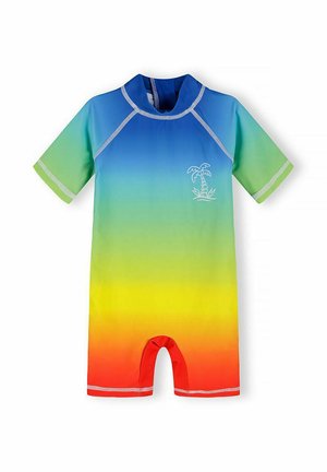 Kostium kąpielowy dla małego dziecka z krótkim rękawem, gradientem w kolorach tęczy, ikoną palmy na piersi i zamkiem z tyłu.