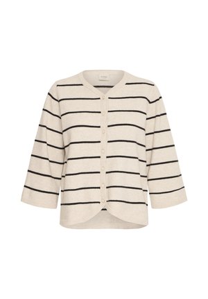 Cardigan beige avec des rayures horizontales noires, fabriqué en tissu doux. Doté d'un décolleté en V, d'une fermeture à boutons et de manches trois quarts.
