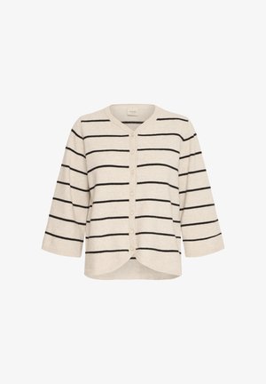 Cardigan beige con strisce orizzontali nere, realizzato in tessuto morbido. Presenta un collo a V, chiusura con bottoni e maniche a tre quarti.