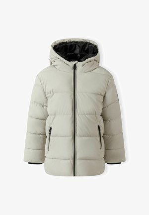 Padded jacket w jasnoszarym kolorze z czarnym wnętrzem, zamek błyskawiczny, kaptur oraz boczne kieszenie; posiada pikowany design i miękką teksturę.