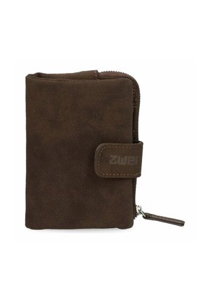 Compact brown suede wallet with snap button closure and zipper compartment, angled zipper pull tab visible on white background.