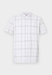 Camicia a maniche corte con bottoni in tessuto bianco con motivo a griglia nera; presenta colletto, taschino e superficie testurizzata.