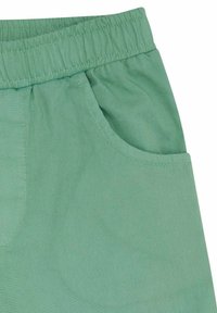 Hellgrüne Shorts mit einem elastischen Bund, ausgestattet mit einer Seiten- Tasche und einer glatten, leichten Stofftextur.