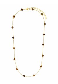 Goudkleurige ketting met afwisselende ronde bruine kralen, verbonden door een fijne ketting. Voorzien van een karabijnsluiting en een verlengkettinkje voor verstelbare lengte.