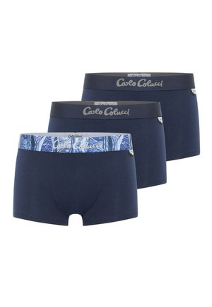 Drie paar marineblauwe boxershorts, gemaakt van katoen, met effen en gestreepte taillebanden, voorzien van contrasterende logo-accenten.