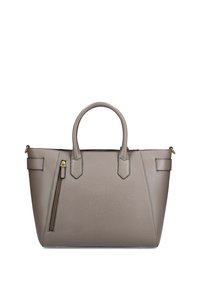 Sac fourre-tout en simili cuir gris avec deux poignées, poche zippée et design angulaire. Présente une surface texturée et des accents en métal doré.