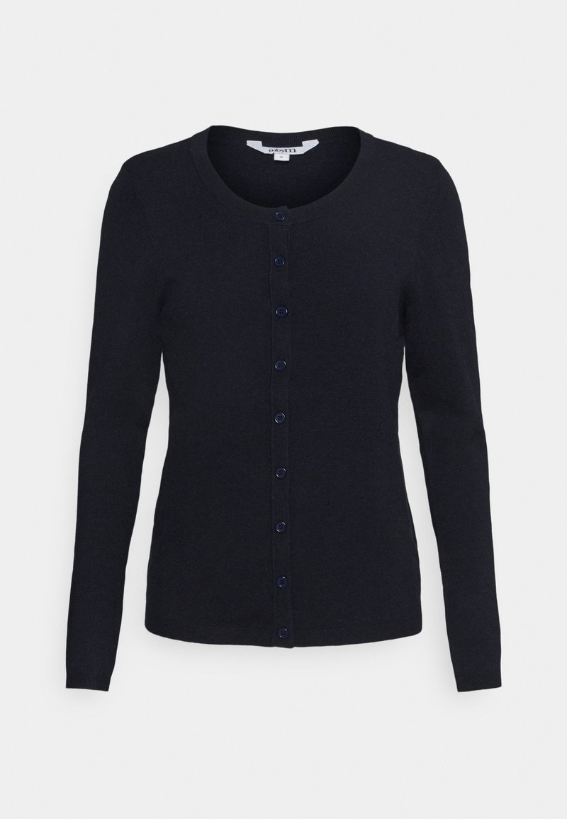 Cardigan noir à manches longues avec encolure ronde et fermeture à boutons sur le devant, présenté sur un fond gris clair uni.