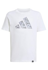 White T-shirt with gray camouflage Adidas logo featuring three diagonal stripes. Short sleeves, round neckline, and a black Adidas label at the hem.