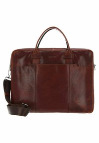 Braune Lederaktentasche mit glatter Textur. Verfügt über zwei obere Griffe, einen abnehmbaren Schultergurt und eine Vordertasche. Die genähten Akzente sind sichtbar.