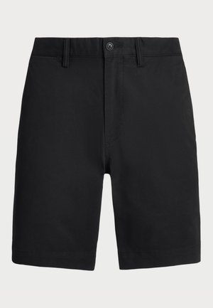 Black cotton shorts with a flat front, button closure, and belt loops. Features straight legs and a clean hem. No visible patterns or accents.