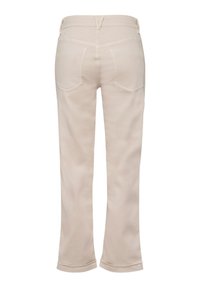 Beige Denim-Hosen mit einer taillierten Passform, gerader Beinführung, zwei Gesäßtaschen und einem Saumabschluss mit leichter Ausbuchtung an den Knöcheln.