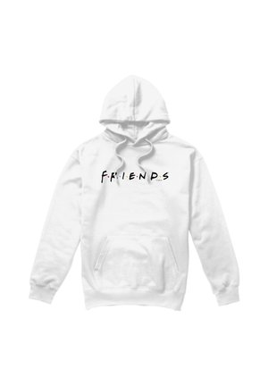 Weißes Kapuzen-Sweatshirt mit Fronttasche und schwarzem Text mit farbigen Punkten zwischen den Buchstaben auf der Brust.