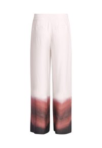 Weite Hosen aus leichtem Stoff. Hellbeige mit einem Farbverlauf, der von Pfirsich zu tiefem Burgunder am Saum übergeht.