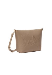 Pochette en cuir beige avec un design en relief "Rêver du paradis de Saint Barth", avec une bandoulière détachable et une fermeture éclair.