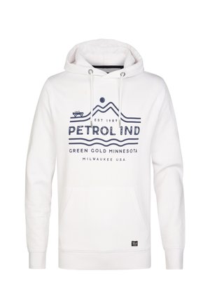 Valkoinen huppari, jossa on nyörit ja sininen graafinen printti, joka sisältää vuoria ja tekstiä. Edessä on kenguruhyppykotelo ja pehmeä pinta.