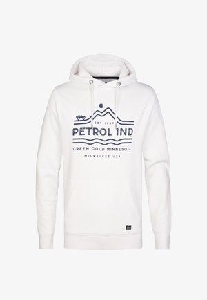 Weißer Hoodie mit Kapuze und Kordeln, versehen mit einem blauen Grafikdruck, der Berge und Text zeigt. Kängurutasche vorne und weicher Stoff.