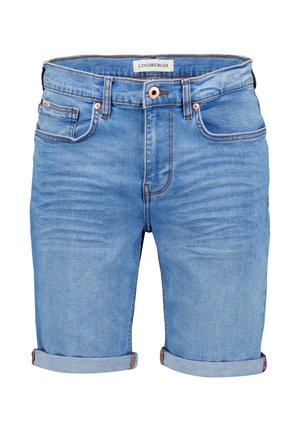 Hellblaue Jeansshorts mit umgeschlagenen Säumen, vorderem Reißverschluss, Knopfverschluss sowie Front- und Münztaschen, mit der Aufschrift Lindbergh.