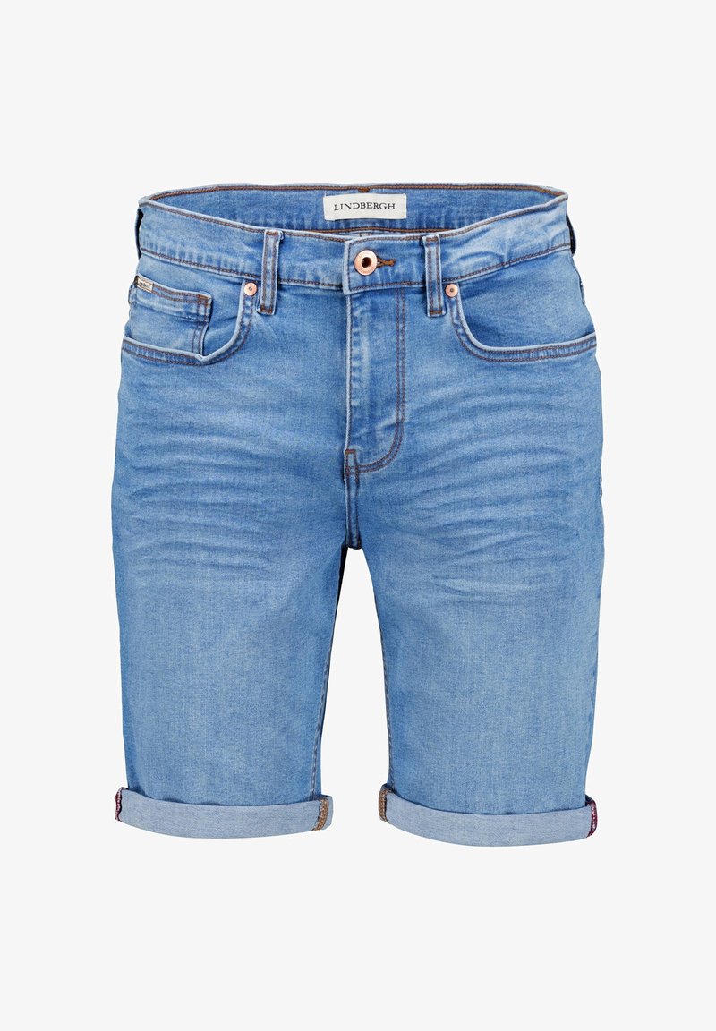 Lichtblauwe denimshorts met opgerolde zoom, ritssluiting aan de voorkant, knoopsluiting en voor- en muntzakken, gelabeld Lindbergh.
