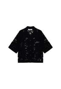 Black lace jacket featuring a collared neckline, short sleeves, and button closure. Floral pattern throughout with a sheer texture.