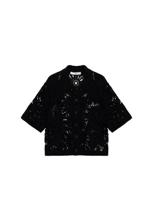 Black lace jacket featuring a collared neckline, short sleeves, and button closure. Floral pattern throughout with a sheer texture.
