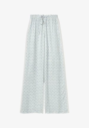 Pantalones sueltos de color claro con un pequeño estampado floral azul, cinturilla elástica y cordón delantero, mostrados sobre fondo blanco.