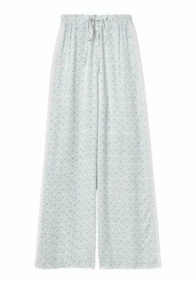 Pantaloni larghi di colore chiaro con un piccolo motivo floreale blu, vita elastica e coulisse frontale, mostrati su sfondo bianco.