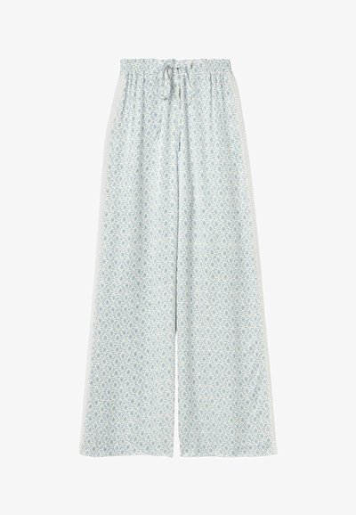 Pantaloni larghi di colore chiaro con un piccolo motivo floreale blu, vita elastica e coulisse frontale, mostrati su sfondo bianco.